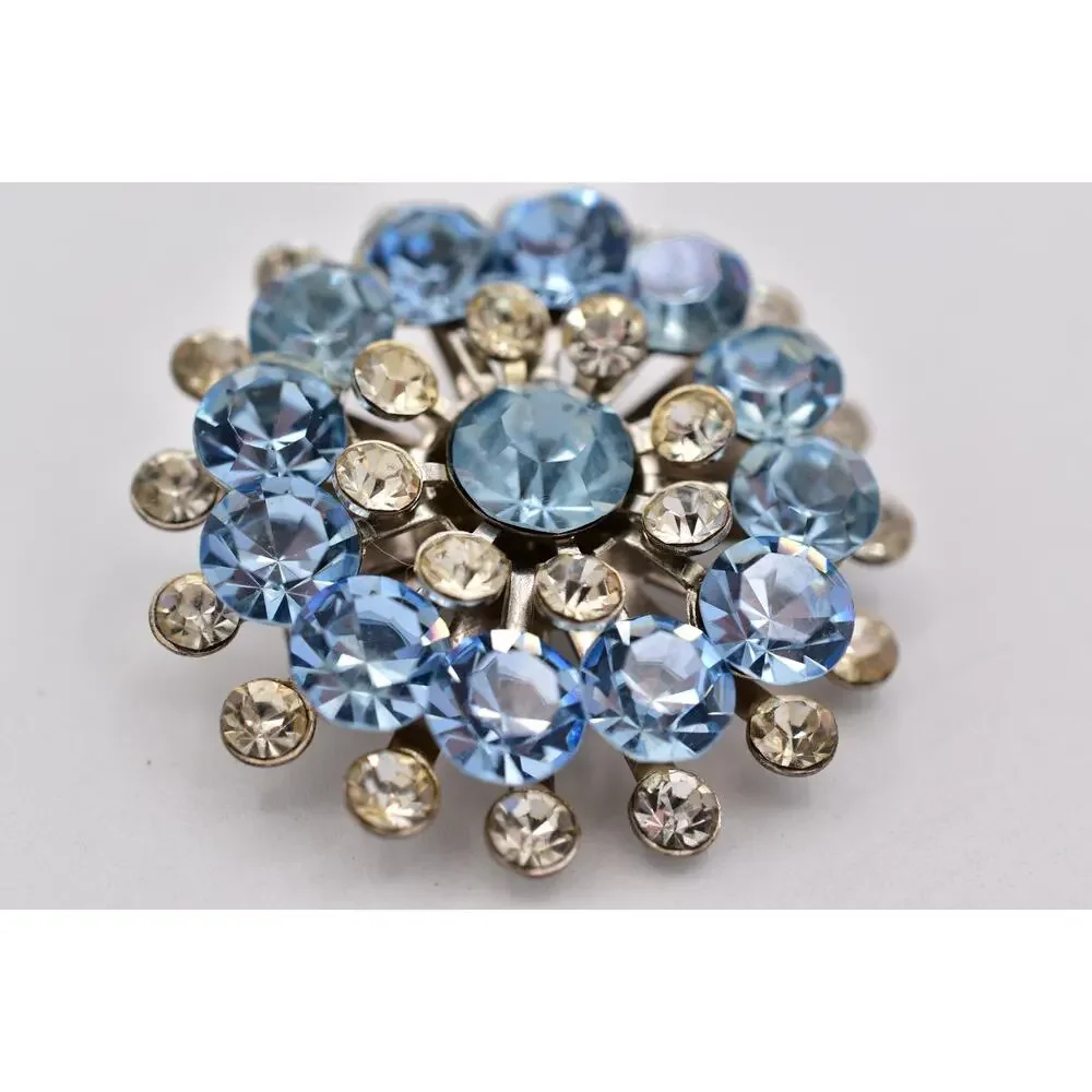 Vintage Sky Blue Rhinestone Starburst Brooch Crystal Silver Floral Pin 50s BinBI